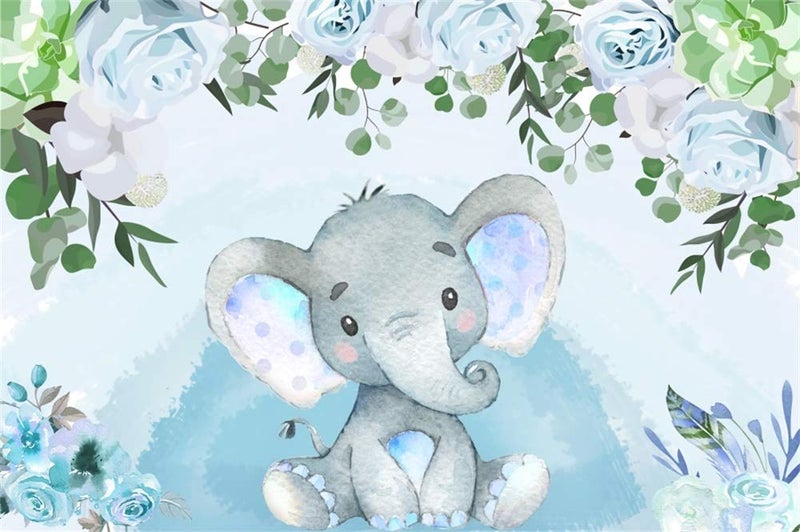 AOFOTO Flowers Baby Elephant Backdrop Light Blue 6x4ft Boy Gender Reveal Party Decorations Sweet Floral Baby Shower Photo Shoot Background for Photography Kids Child Birthday Photo Studio Props Vinyl - Image 1